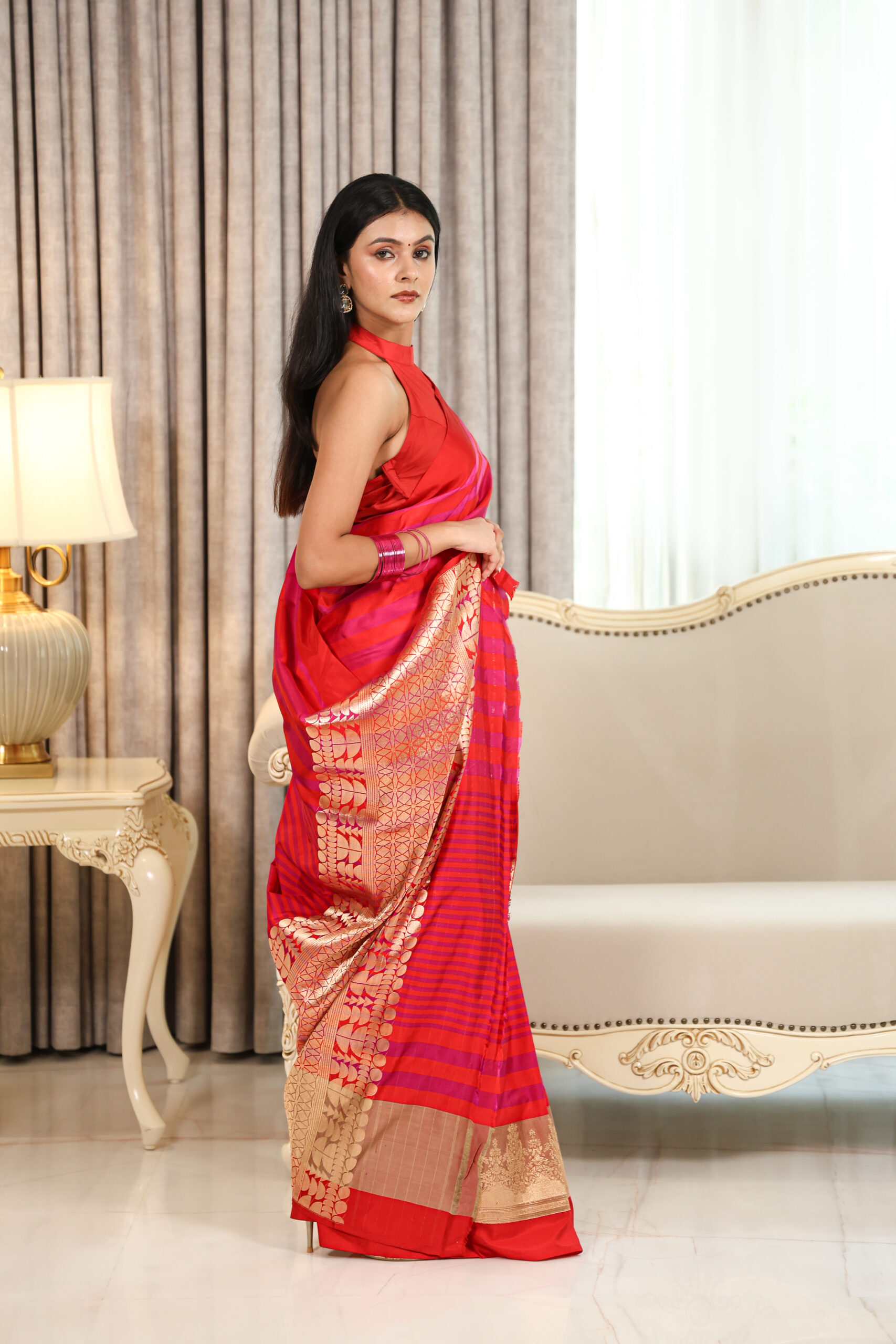 Aarzoo – Red and Hot Pink Pure Katan Silk Saree with Satin Stripes - Image 2