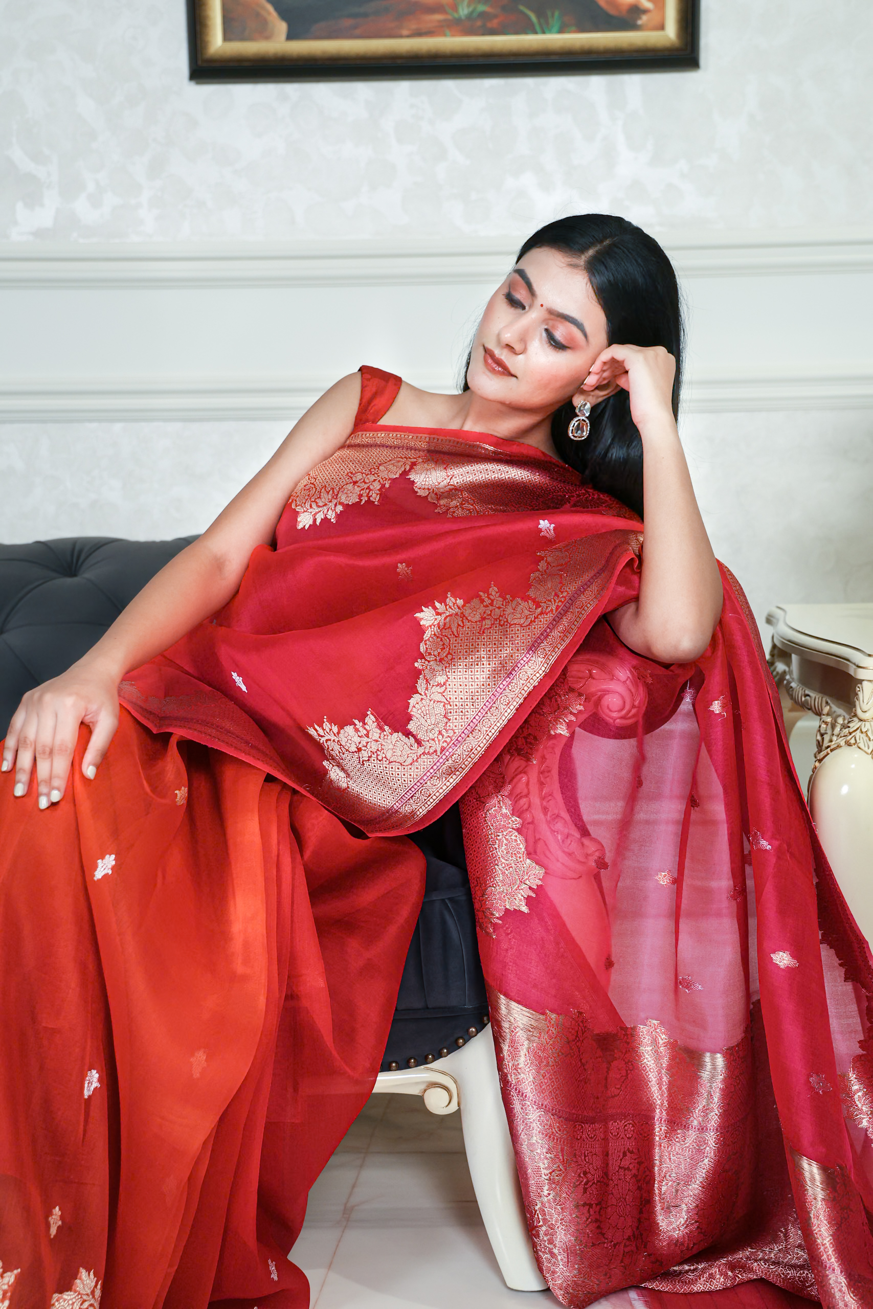 Gulnaar – Hot Pink & Red Pure Kora Silk Ombré Saree - Image 6