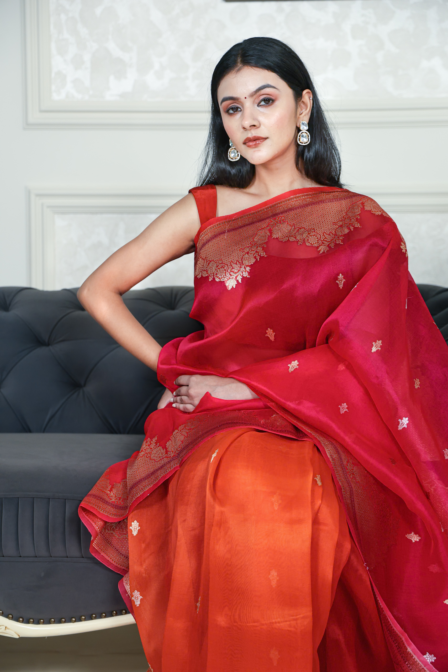 Gulnaar – Hot Pink & Red Pure Kora Silk Ombré Saree - Image 5