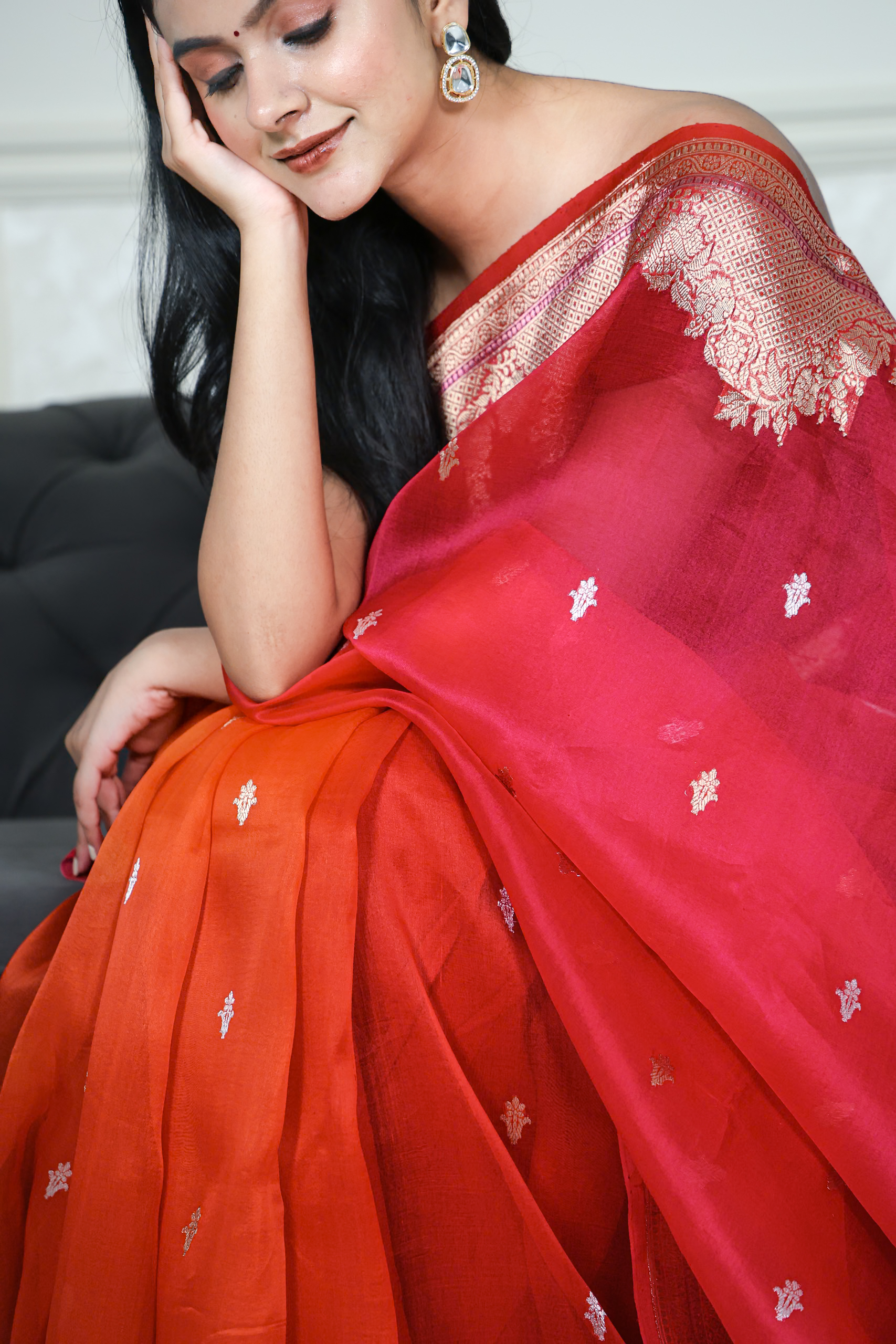 Gulnaar – Hot Pink & Red Pure Kora Silk Ombré Saree - Image 4