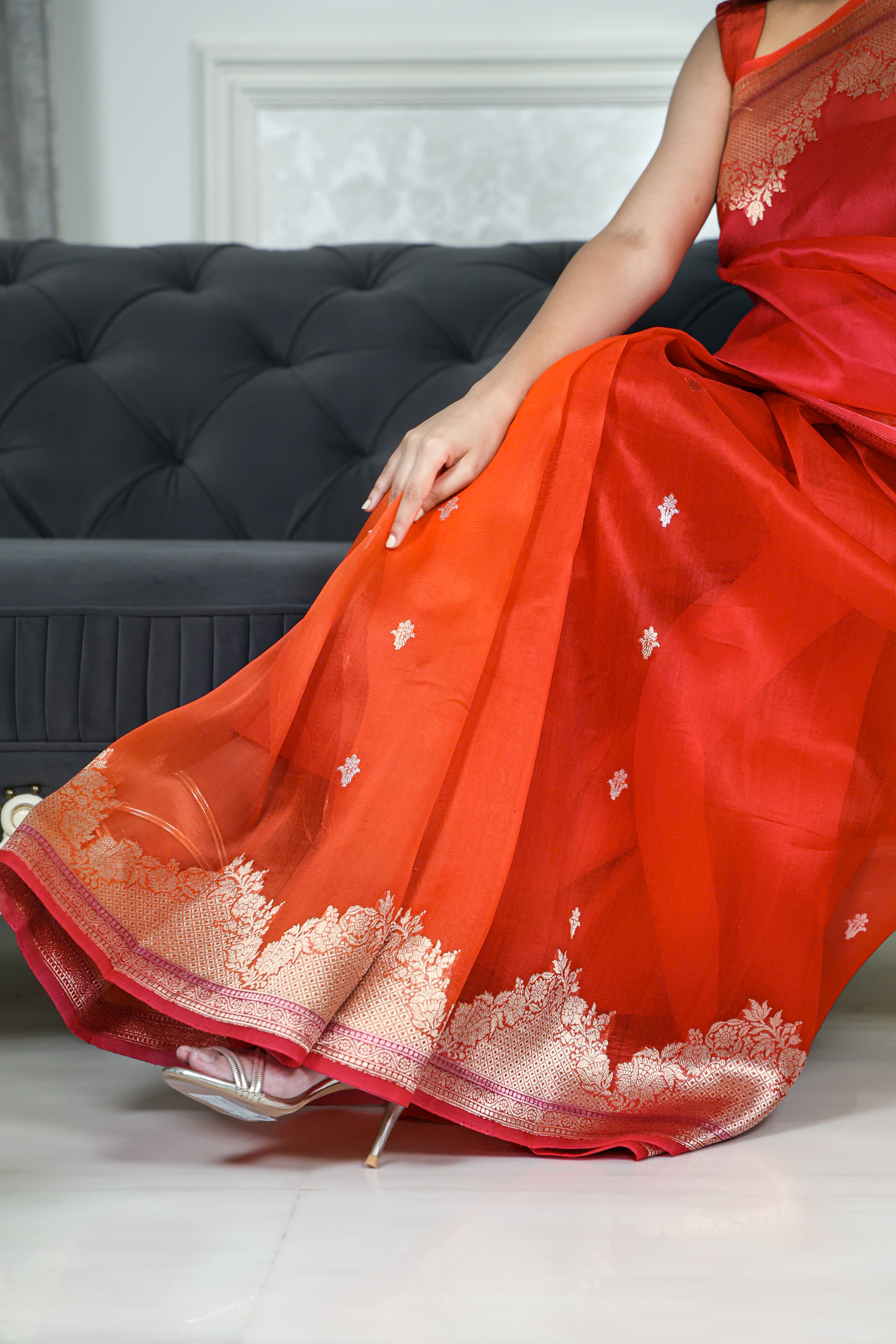 Gulnaar – Hot Pink & Red Pure Kora Silk Ombré Saree - Image 3
