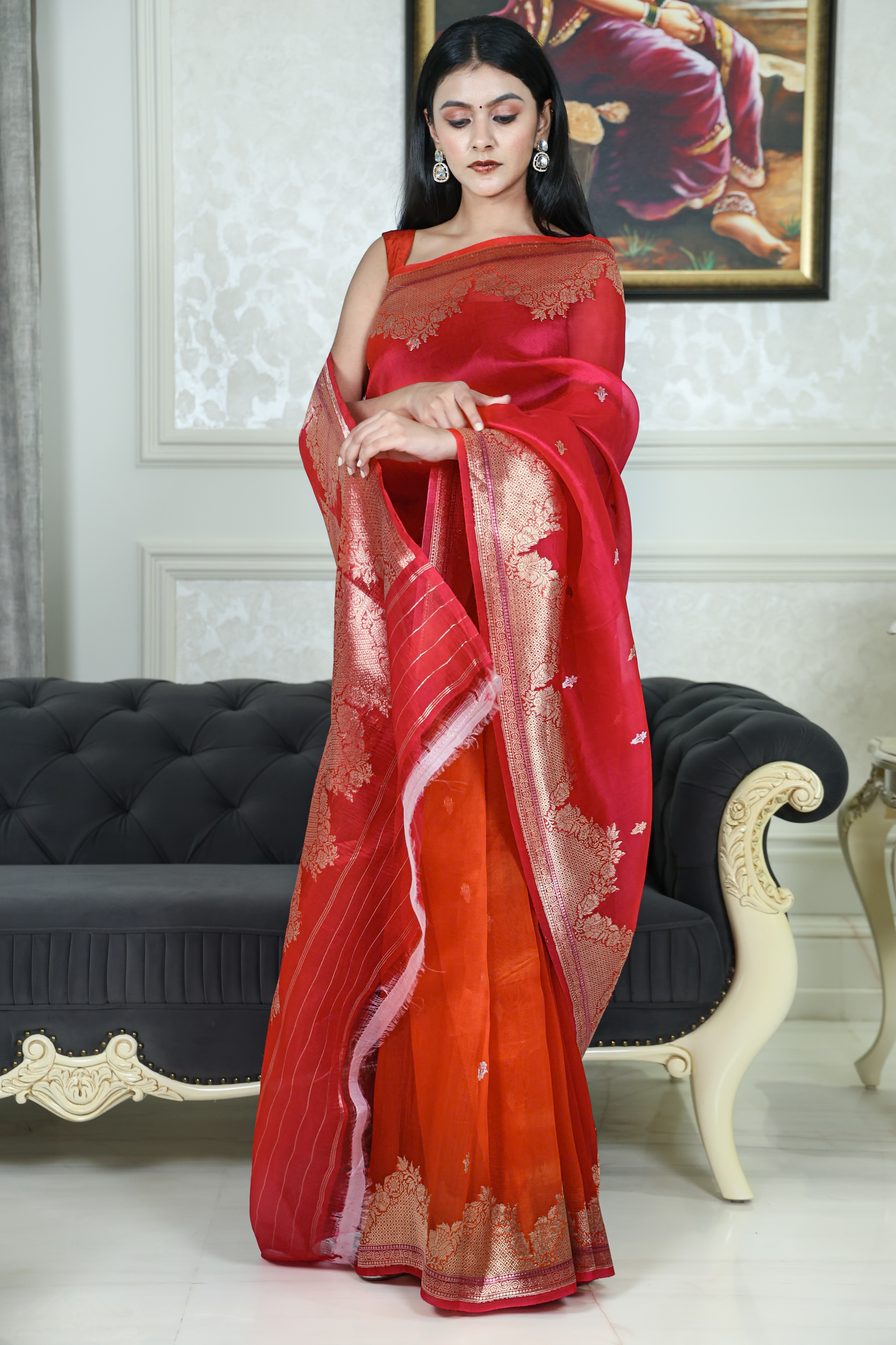 Gulnaar – Hot Pink & Red Pure Kora Silk Ombré Saree - Image 2