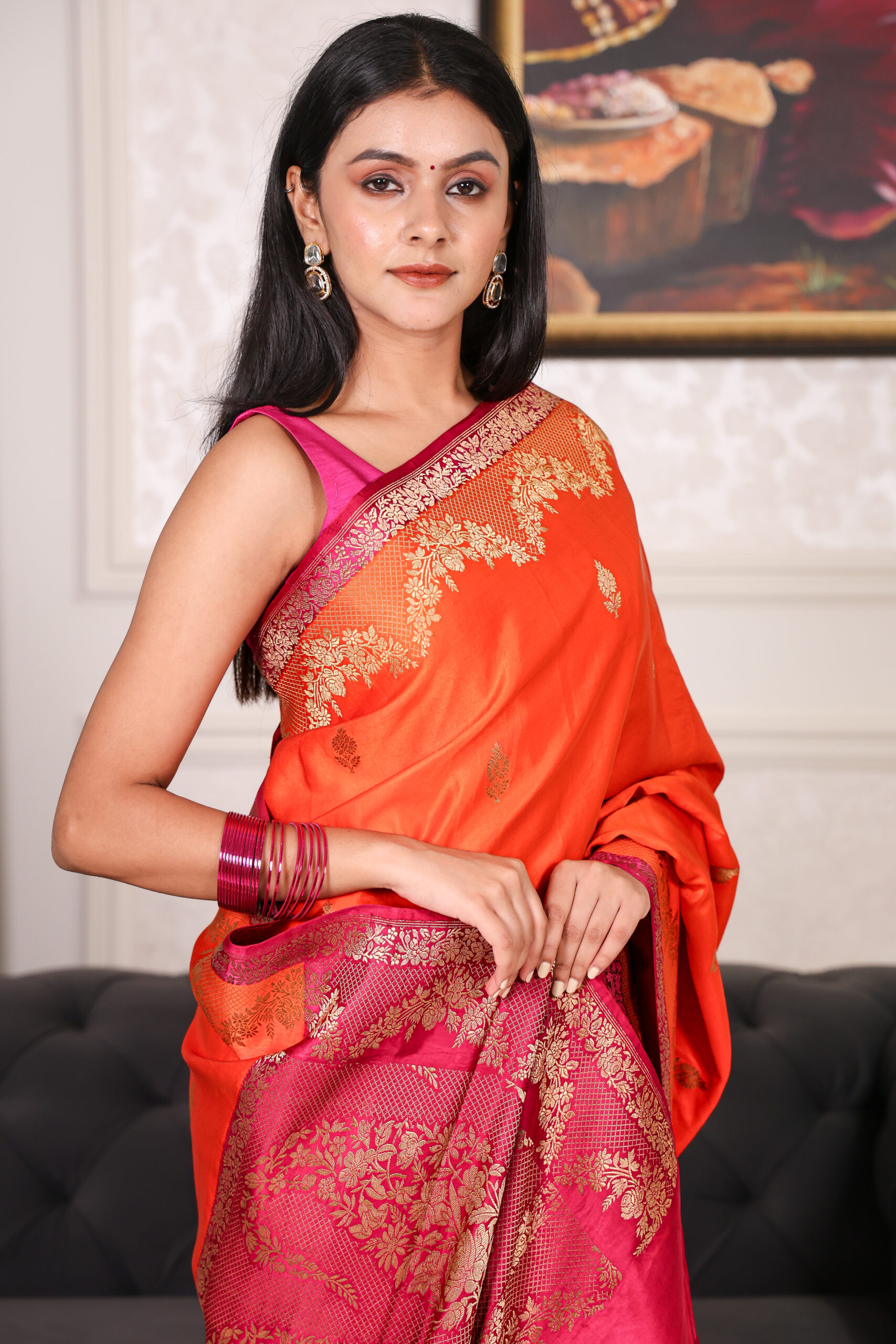 Surkhab – Magenta and Orange Mashru Silk Saree - Image 2
