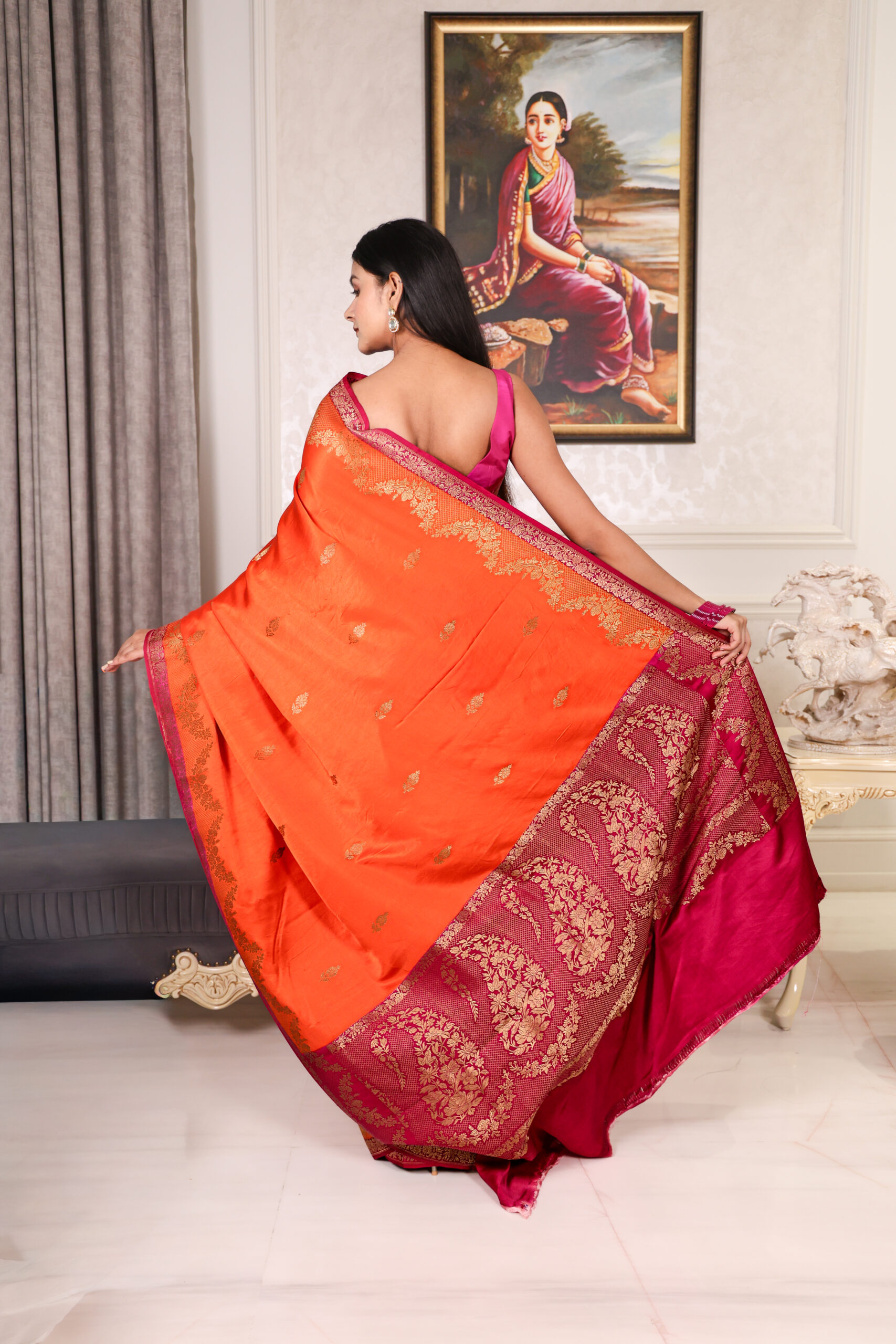 Surkhab – Magenta and Orange Mashru Silk Saree - Image 3