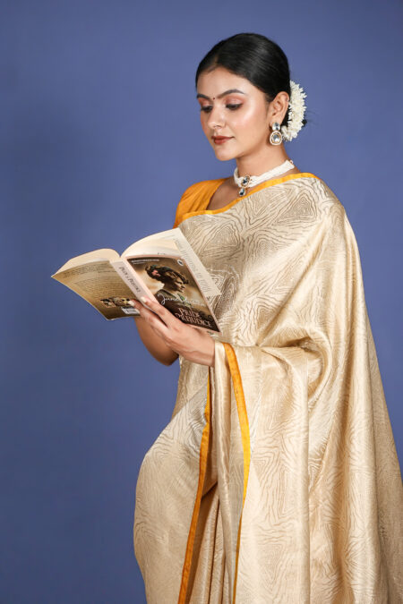 Ziya – Beige & Golden Pure Satin Silk Banarasi Saree with designer weave