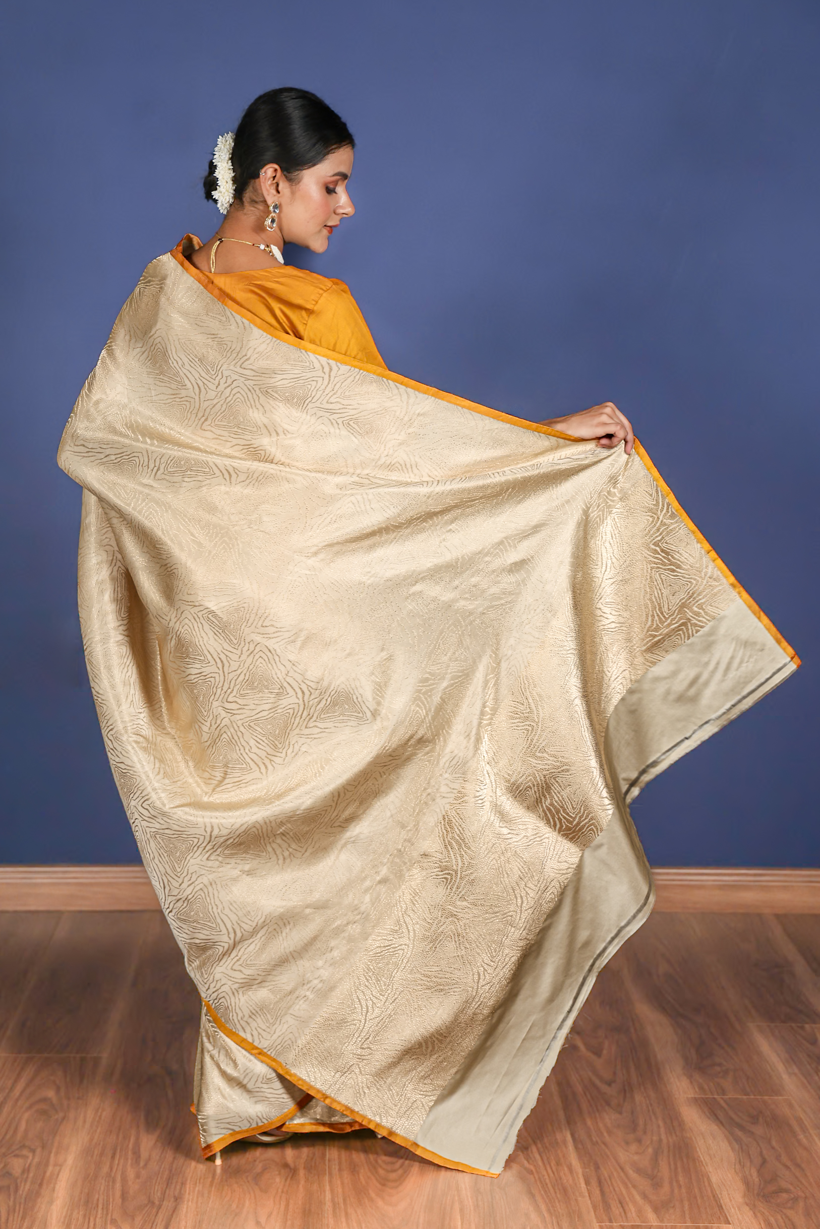 Ziya – Beige & Golden Pure Satin Silk Banarasi Saree with designer weave - Image 3