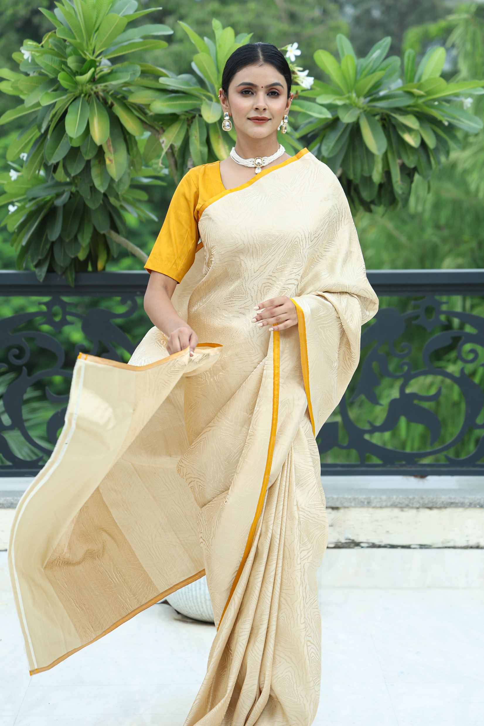 Ziya – Beige & Golden Pure Satin Silk Banarasi Saree with designer weave - Image 6