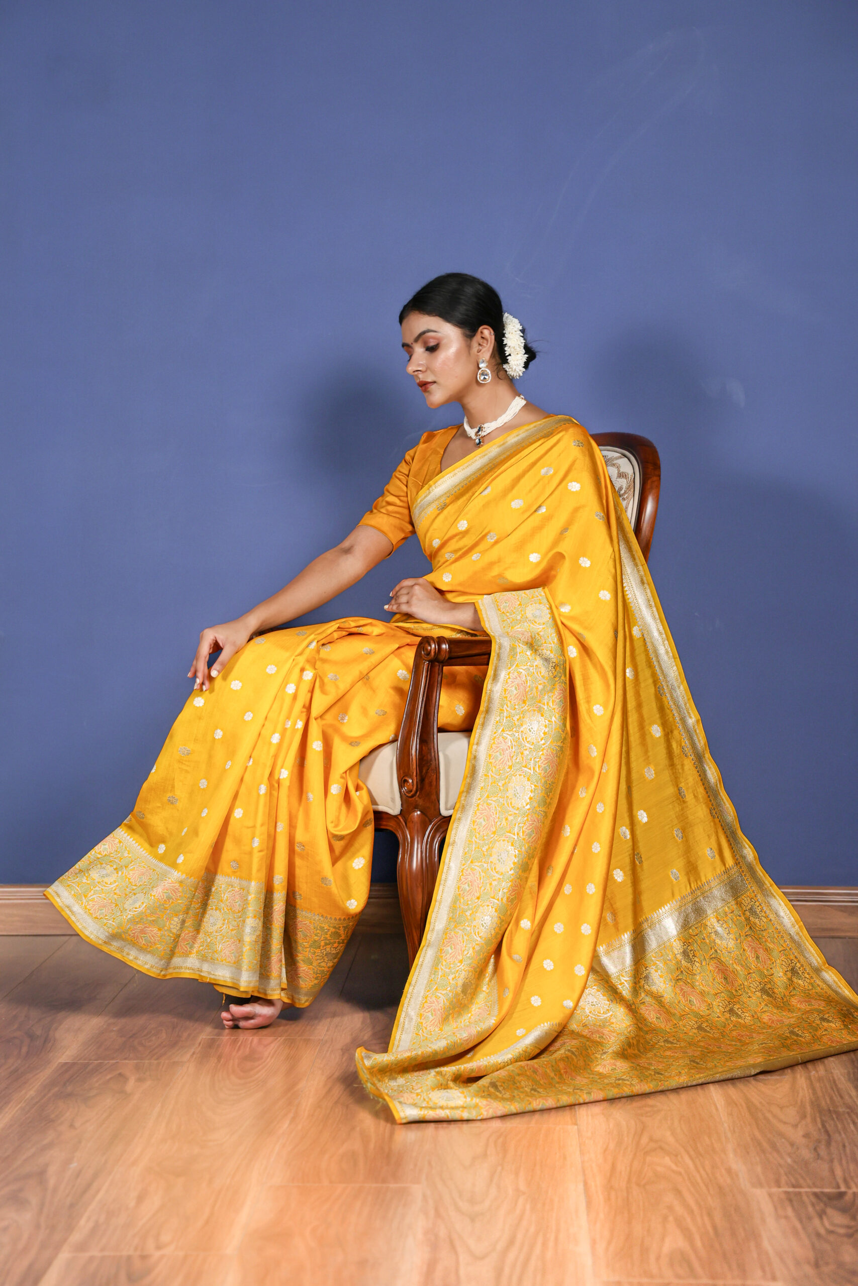 Yellow Pure Katan Chiniya Silk Saree - Image 2