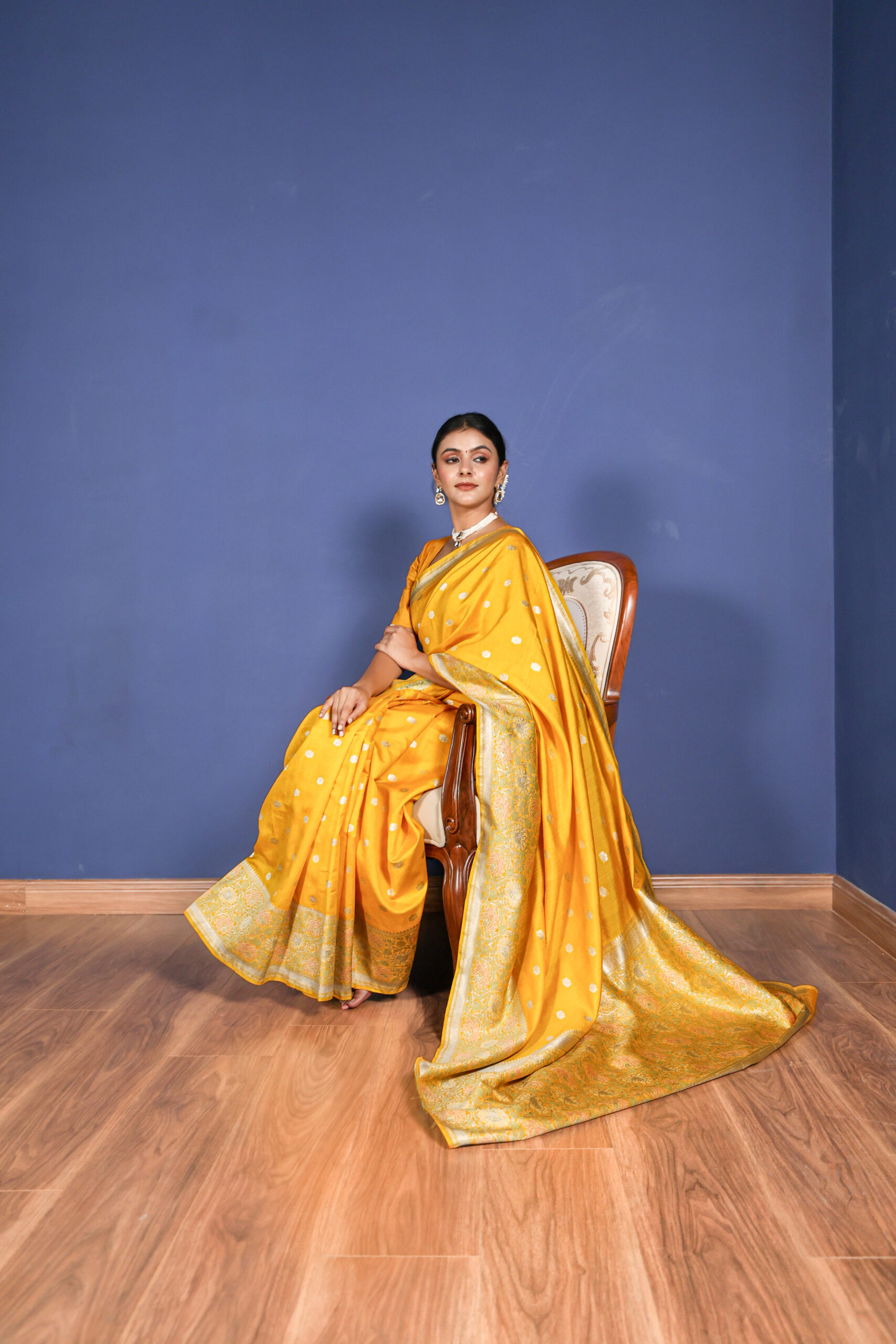 Yellow Pure Katan Chiniya Silk Saree - Image 6