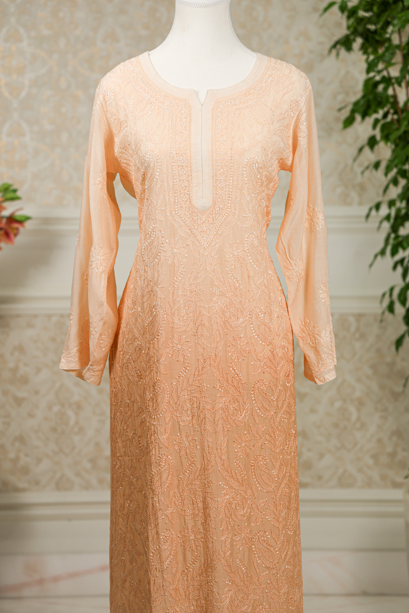 Pure Muslin Ombre Peach Chikankari Kurta - Image 2
