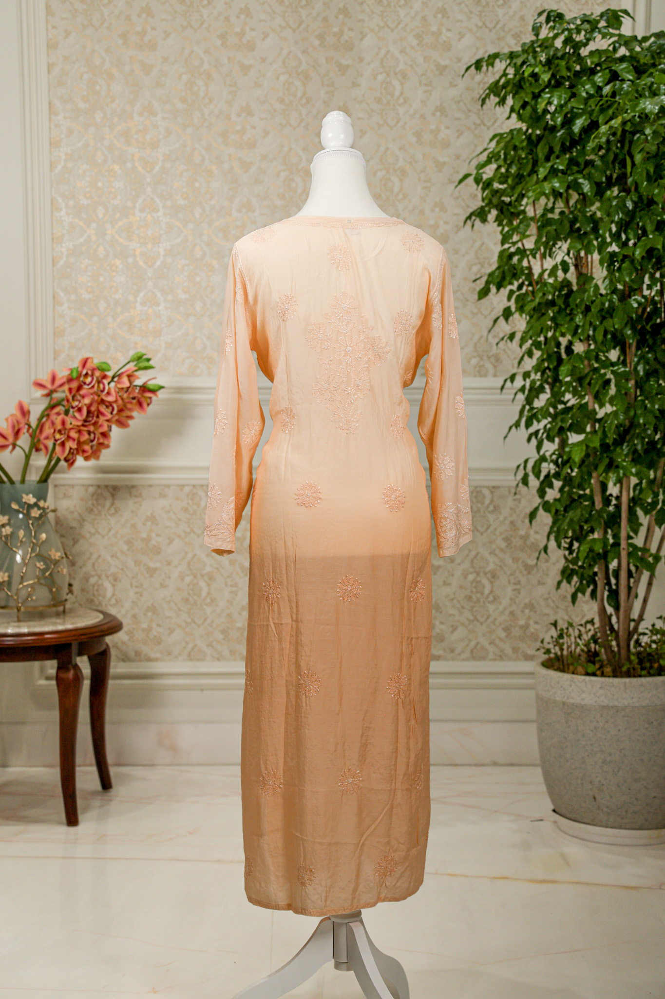 Pure Muslin Ombre Peach Chikankari Kurta - Image 6