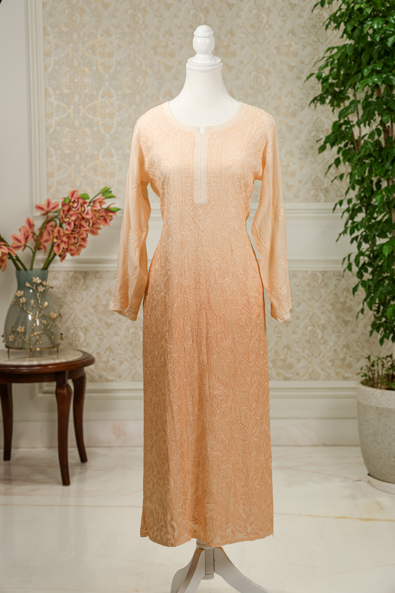 Pure Muslin Ombre Peach Chikankari Kurta