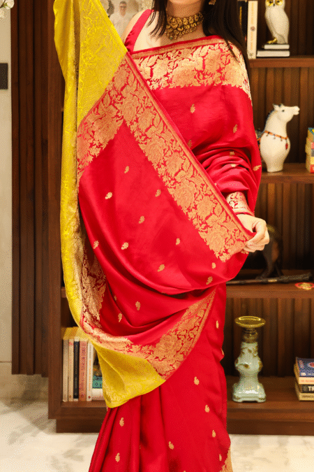 Hot Pink and lemon yellow Mashru Silk Saree