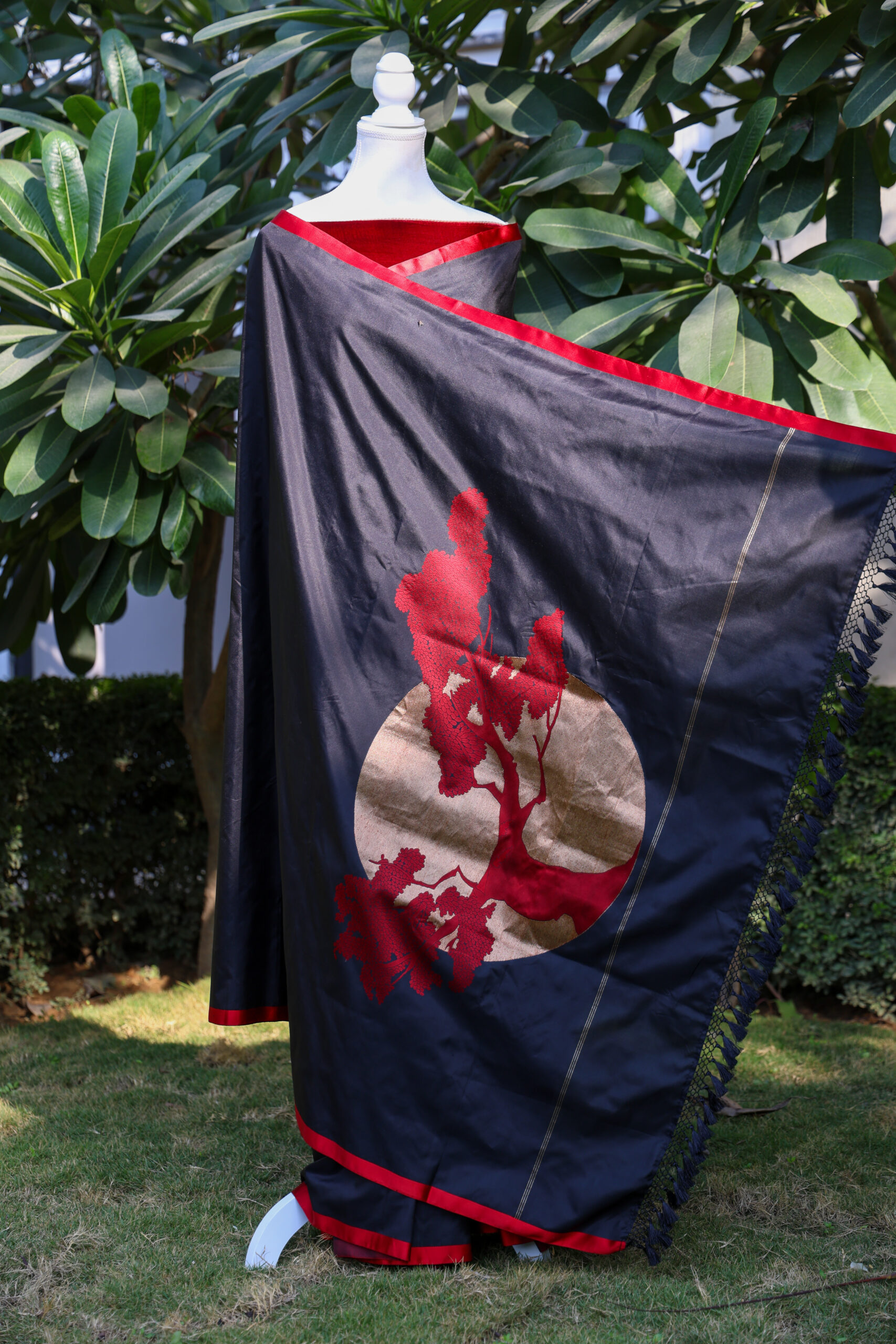 Rajnisha Black - Double Katan Saree with Red Satin border - Image 3
