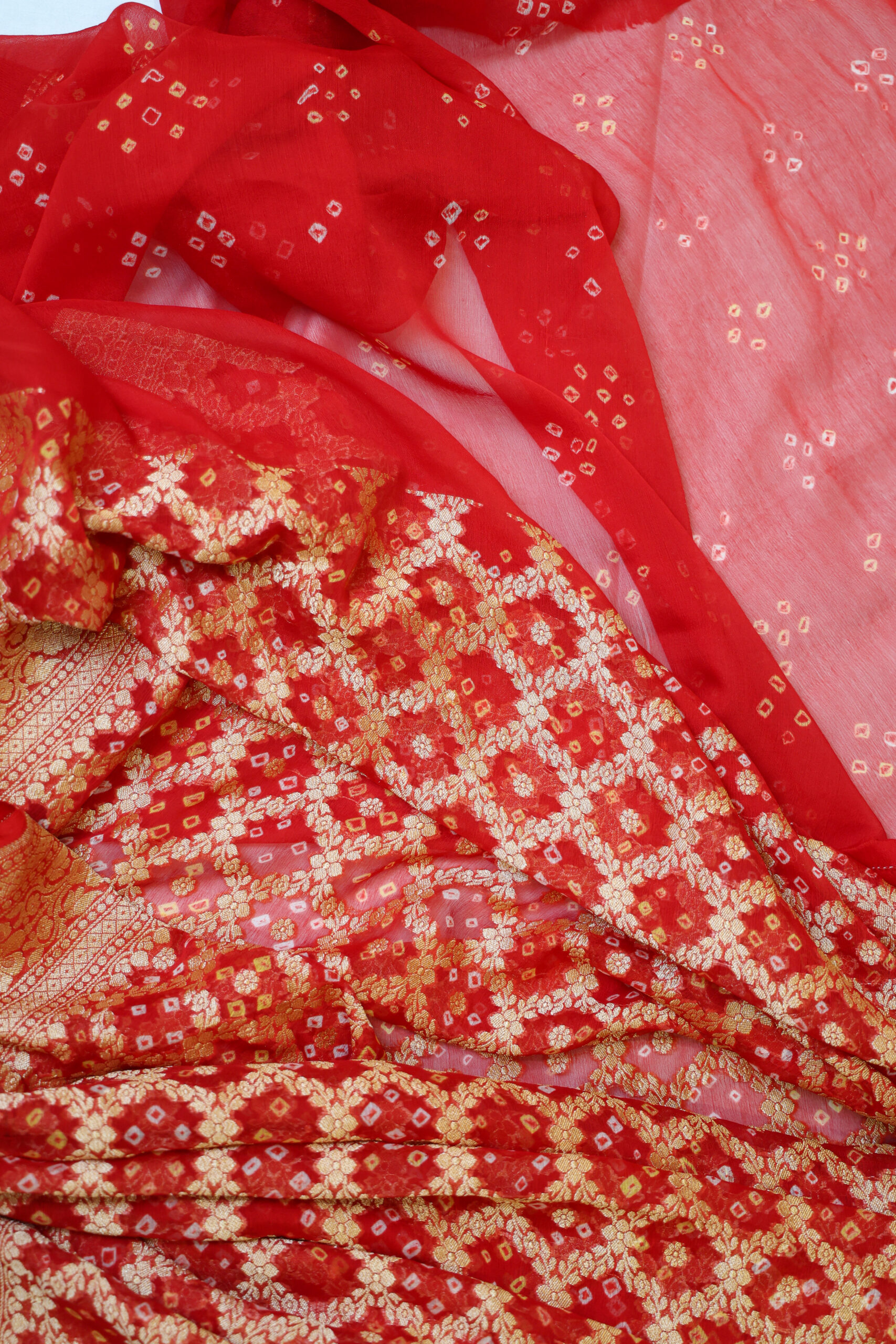 Rosa Saaz - Red and Yellow Banarasi Bandhini Georgette Saree - Image 6