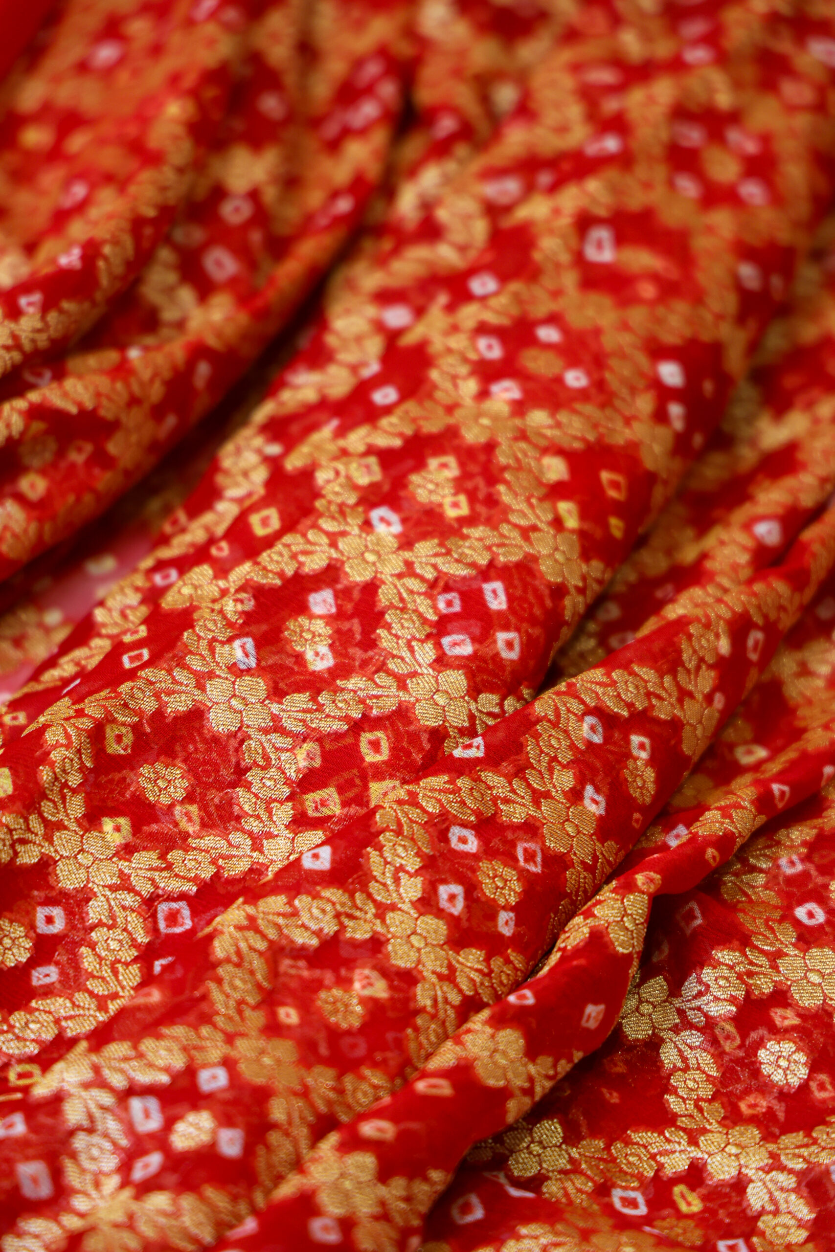 Rosa Saaz - Red and Yellow Banarasi Bandhini Georgette Saree