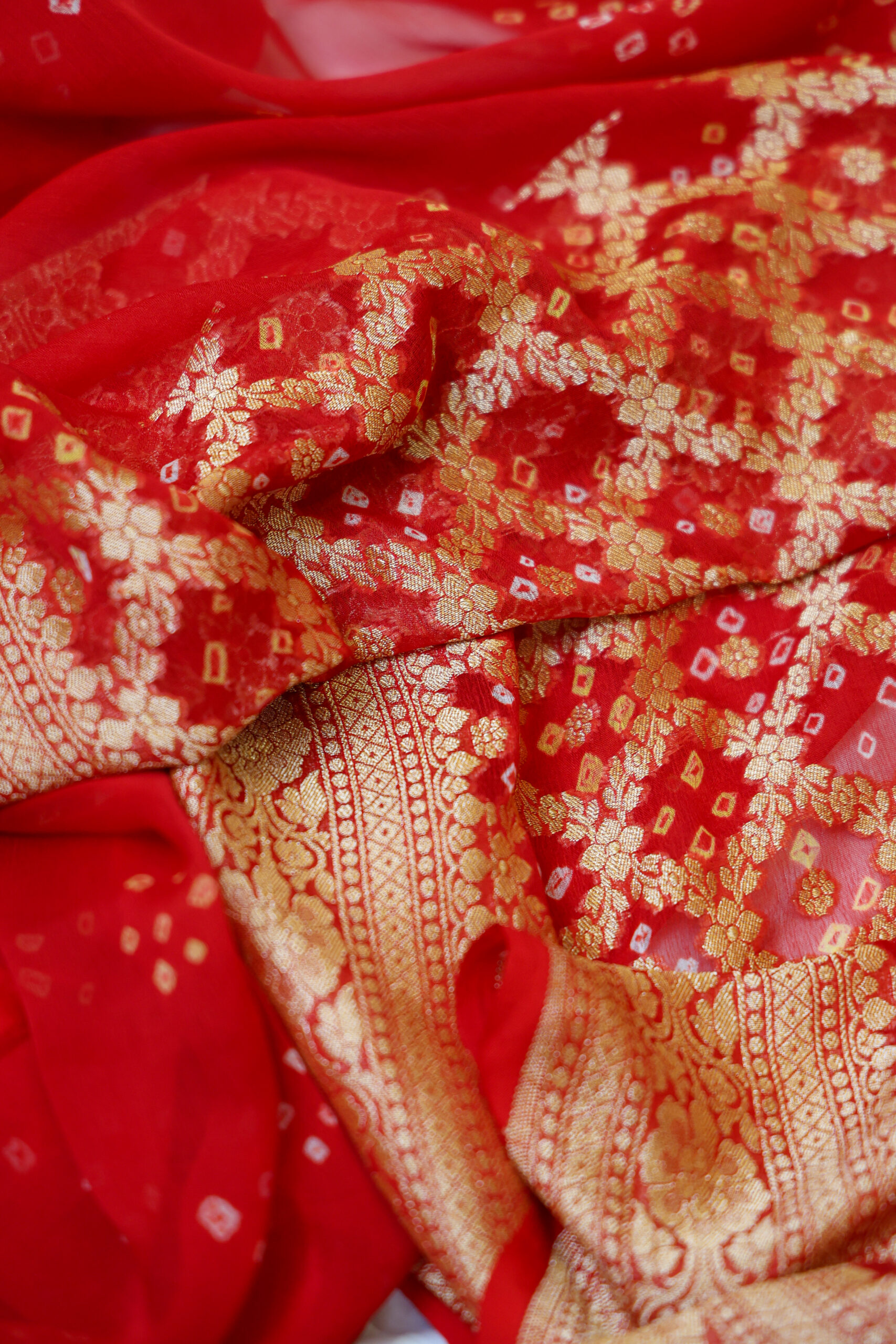 Rosa Saaz - Red and Yellow Banarasi Bandhini Georgette Saree - Image 2
