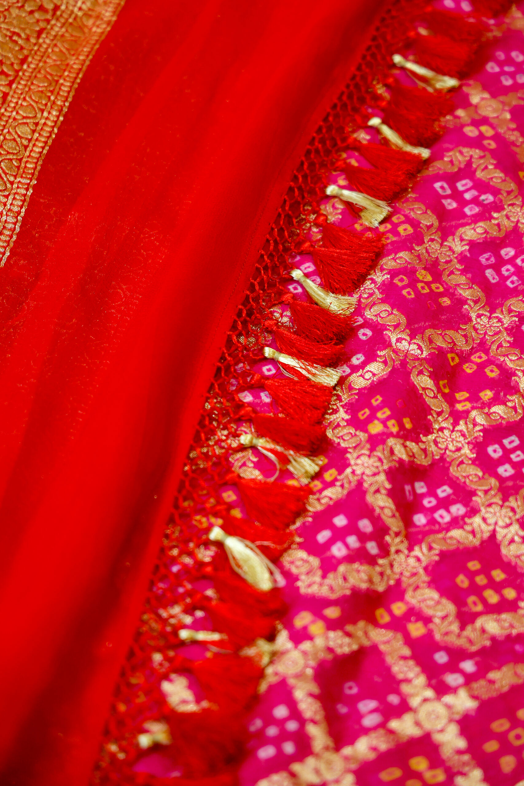 Gulabi Riwayat - Rani Pink and Red Banarasi Bandhini Georgette Saree - Image 4