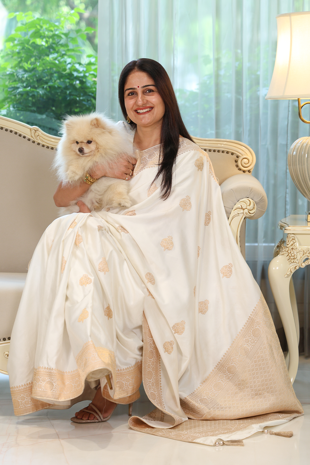 Ivory Mashru Silk Saree with Zari Border and Boota - Image 3