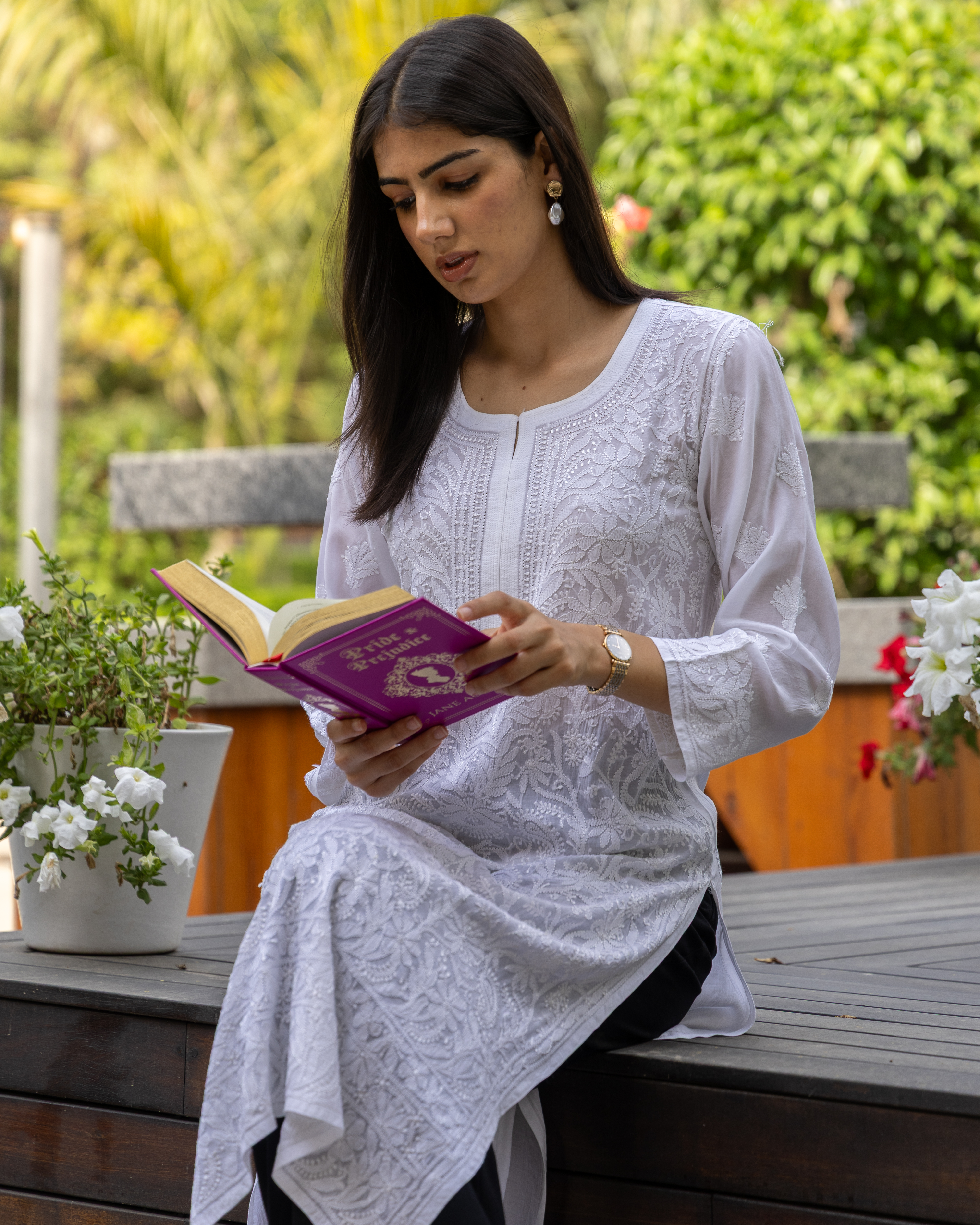 TH Pure Muslin Long White Full Jaal Chikankari Kurta