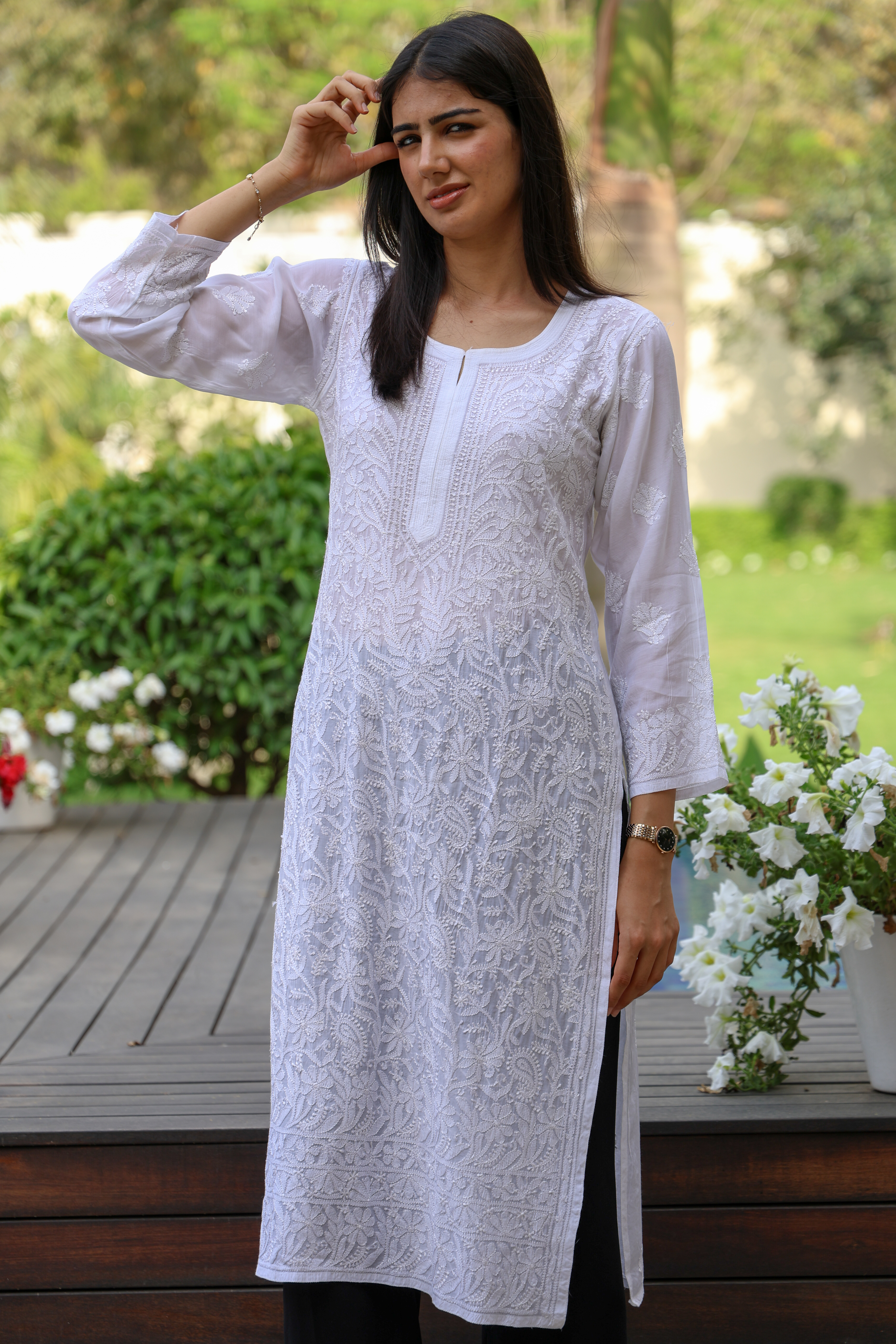 TH Pure Muslin Long White Full Jaal Chikankari Kurta - Image 6