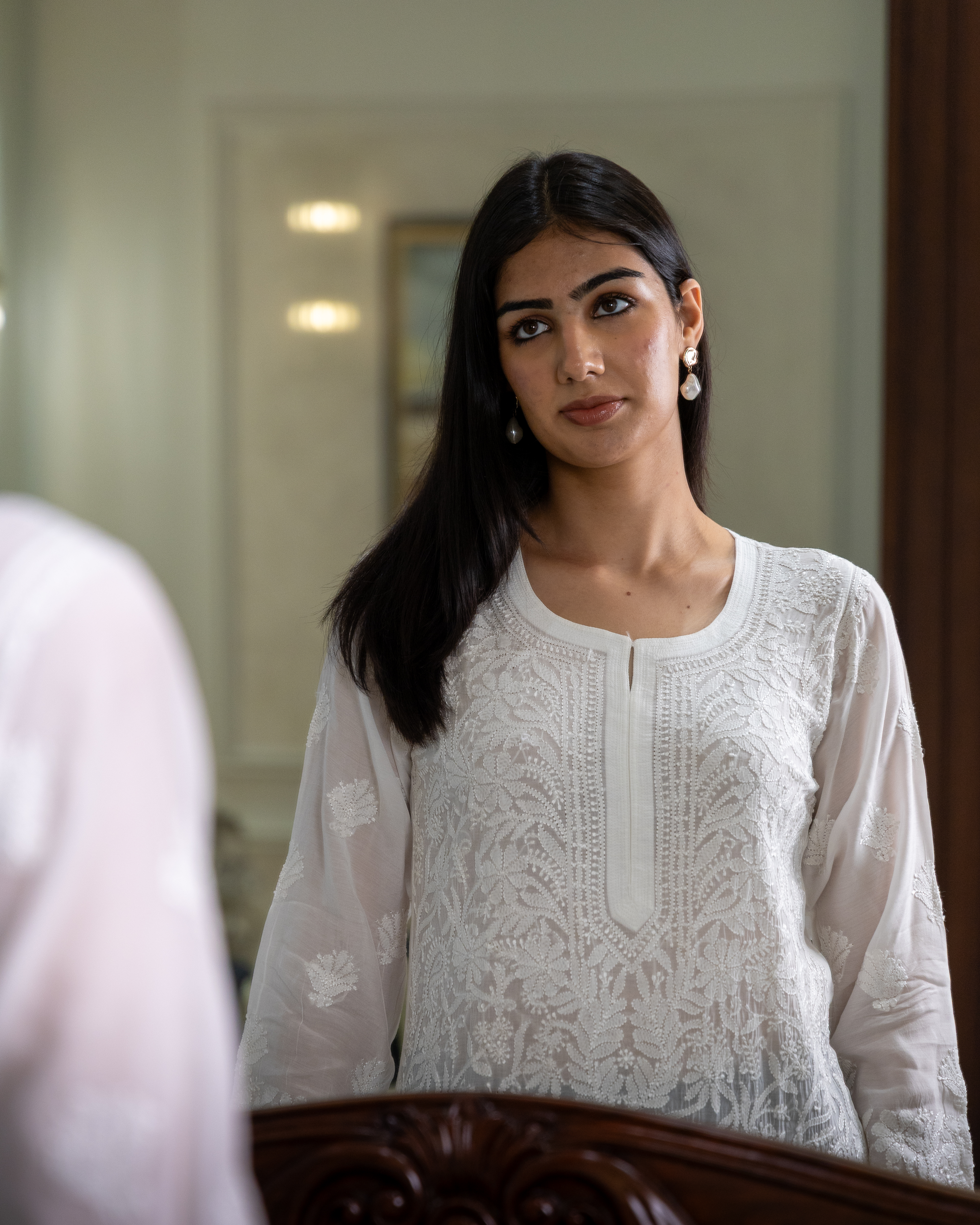 TH Pure Muslin Long White Full Jaal Chikankari Kurta - Image 5