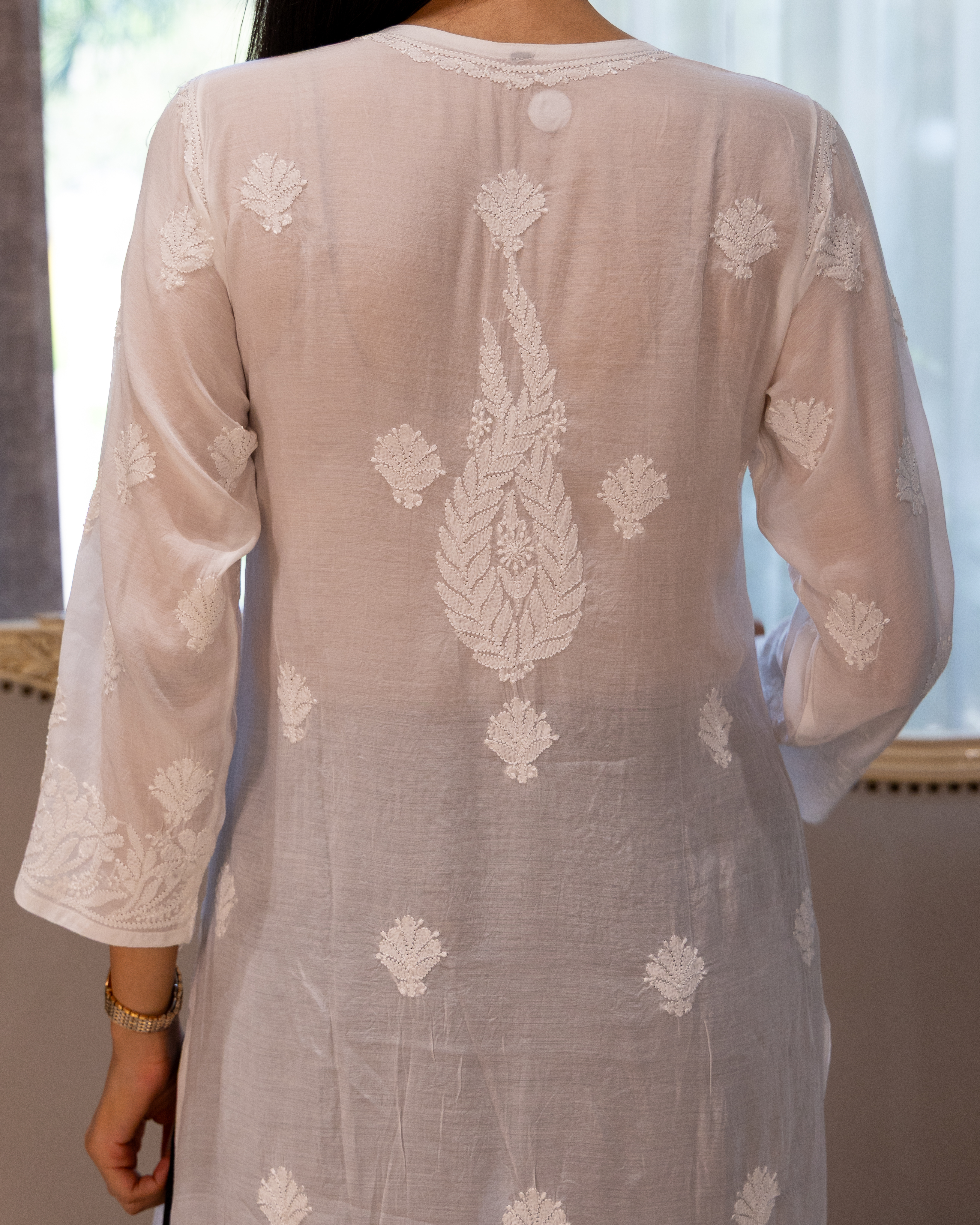 TH Pure Muslin Long White Full Jaal Chikankari Kurta - Image 4
