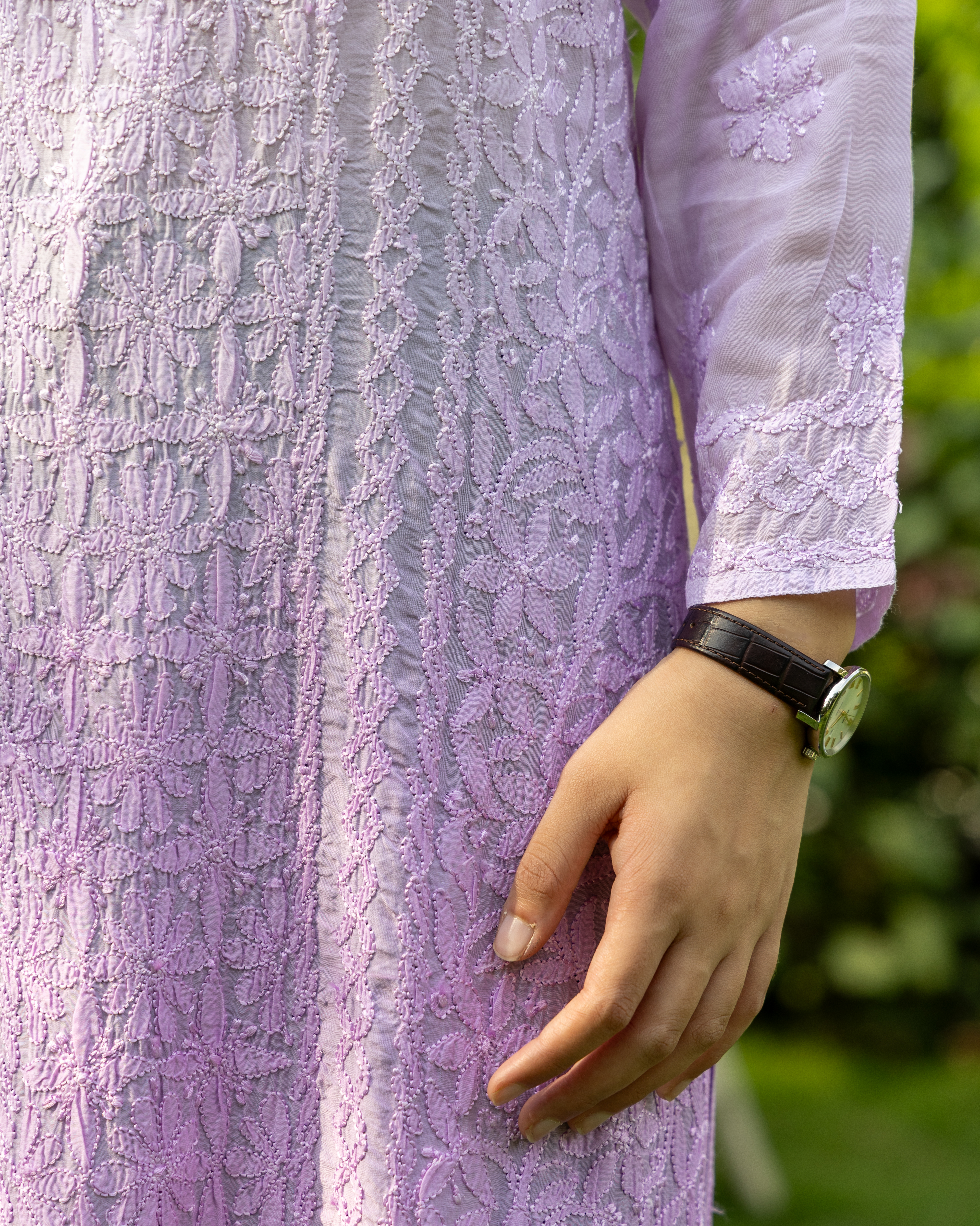 TH Pure Muslin Lavender Ombré Full Jaal Chikankari Kurta - Image 2