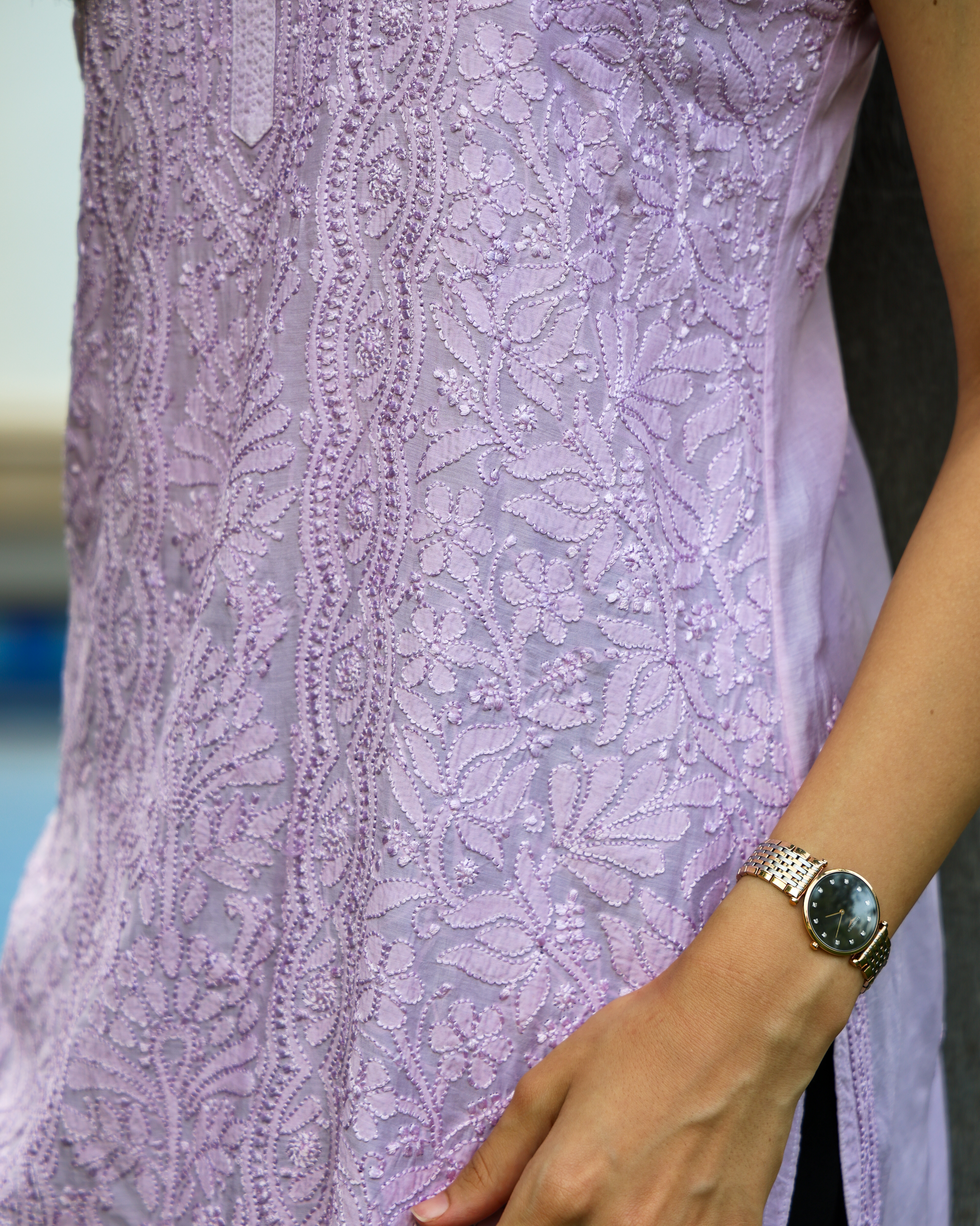 TH Pure Muslin lavender Full Jaal Chikankari Short Kurta - Image 3